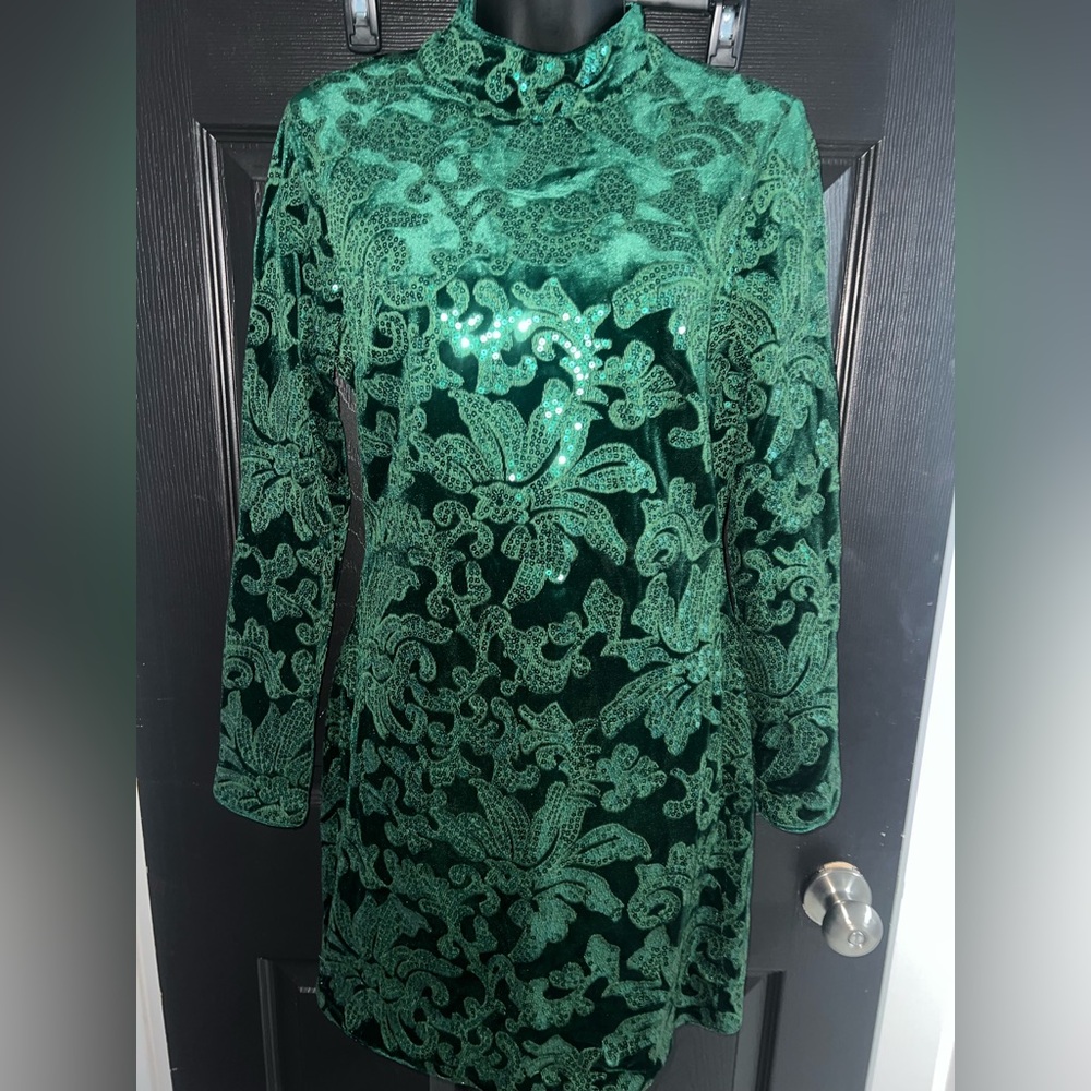 VENUS Green Floral Velvet Dress